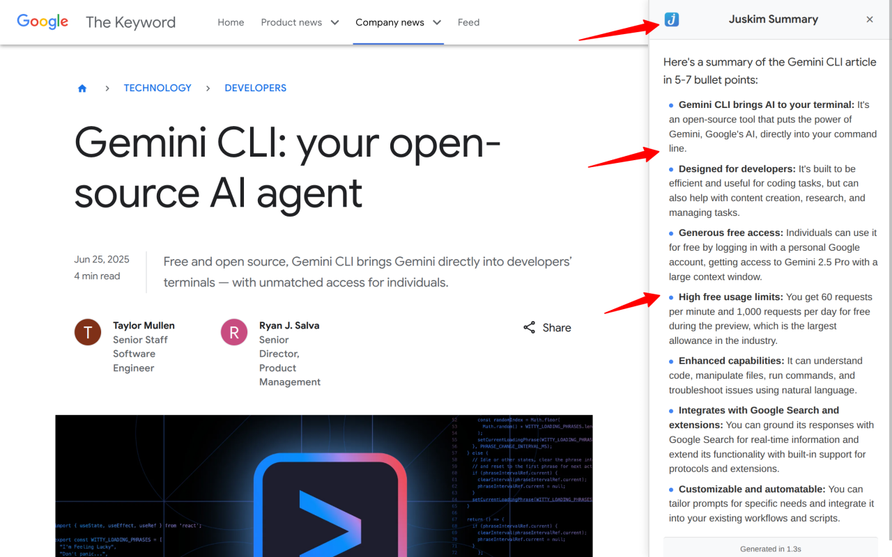 Juskim Chrome extension showing AI summary of an article